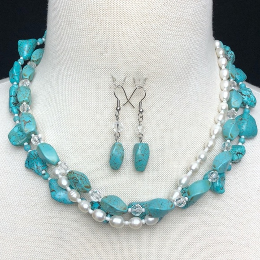 3 Row Turquoise Stone Pearl Necklace Earrings Set
